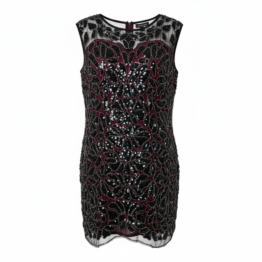 Burgundy Black Sequin Beaded Sleeveless Cocktail Dress Scalloped Hem Floral Mesh